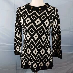 Women's Sweater Tunic Black and White Geometric 3/4 Sleeve Soft Size Small